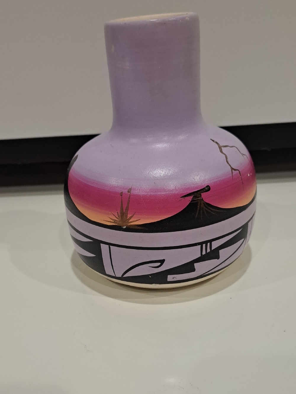 Navajo Rainbow Pottery Vase Desert Mesa Purple Pink Gold Black 5 1/2" X 4 1/2".